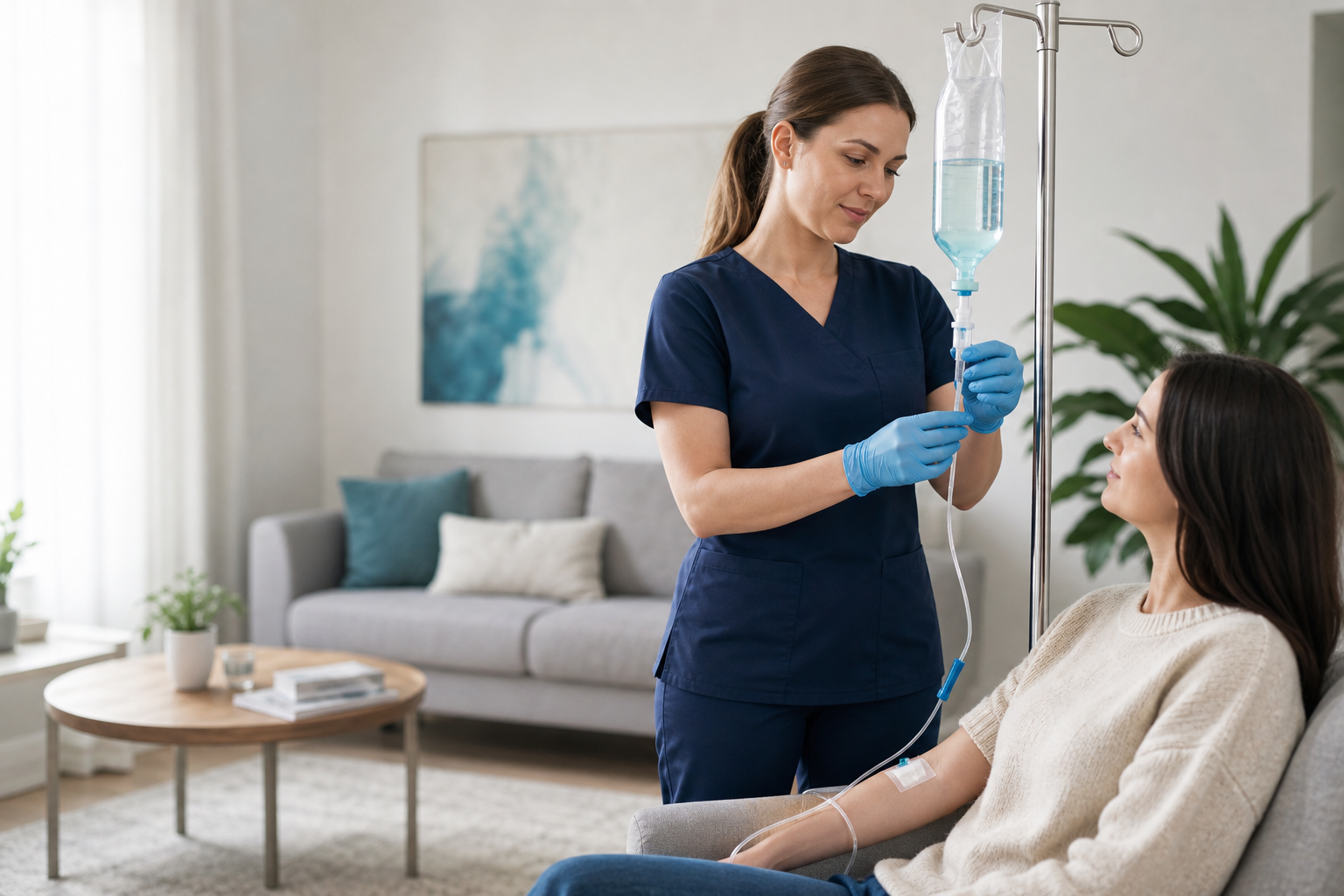 Cadru medical care pregătește o perfuzie la domiciliu